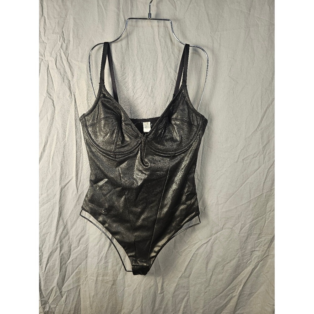 Popilush Womens Metallic Black Underwire Sculpting Bodysuit Shimmer Thong Large